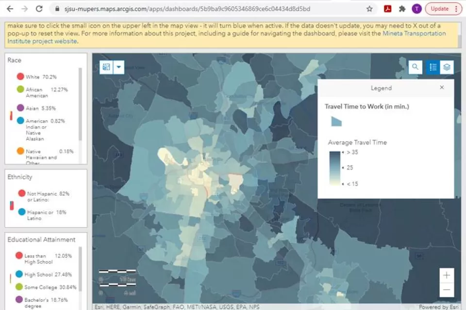 A map showing a heat map that represents commute times in an urban area.